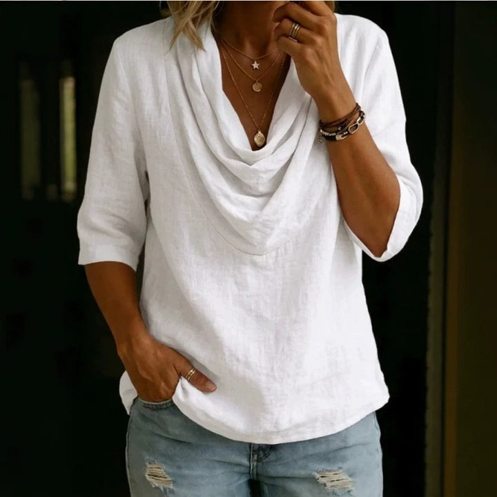 Women's airy linen blouse with draped waterfall collar, loose silhouette, and three-quarter sleeves Mune Fashion