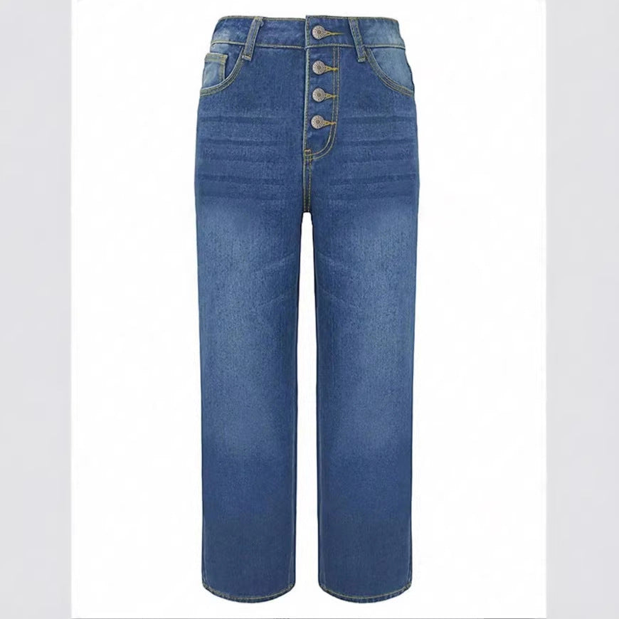Women High-Waisted Cropped Jeans with Wide Straight-Leg Fit Mune Fashion