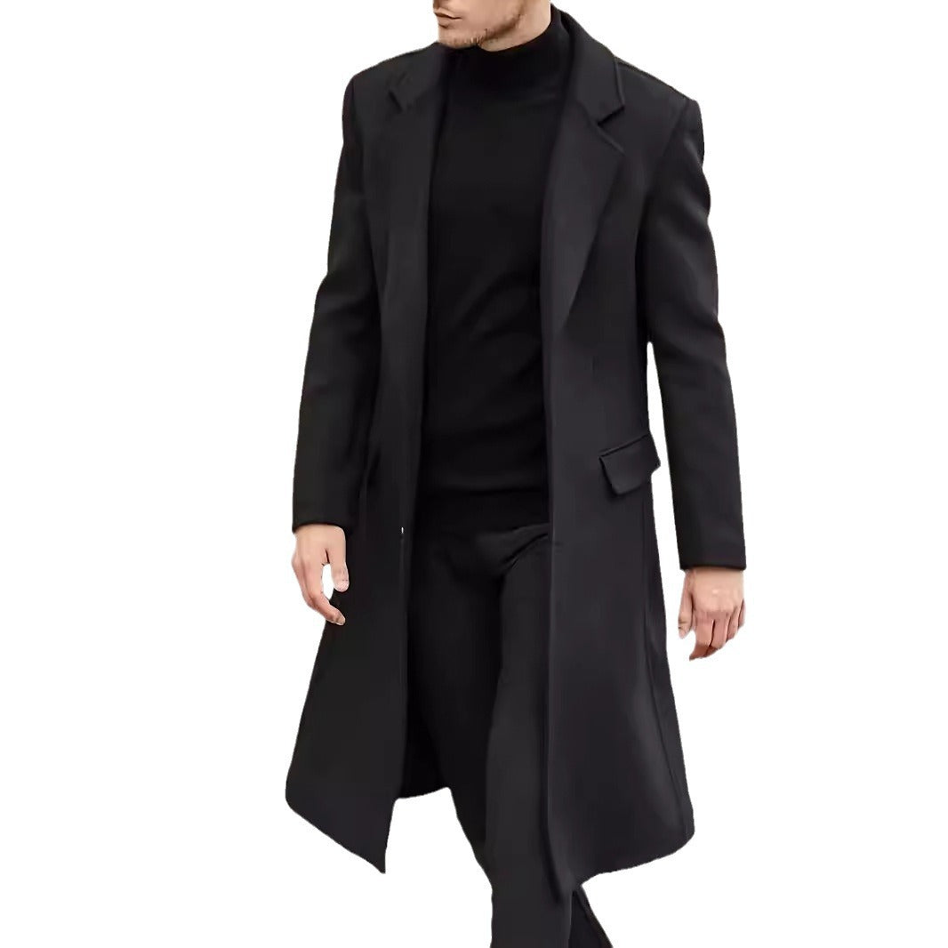 Men's Elegant Long Wool Blend Coat with Slim Silhouette and Classic Lapel Mune Fashion