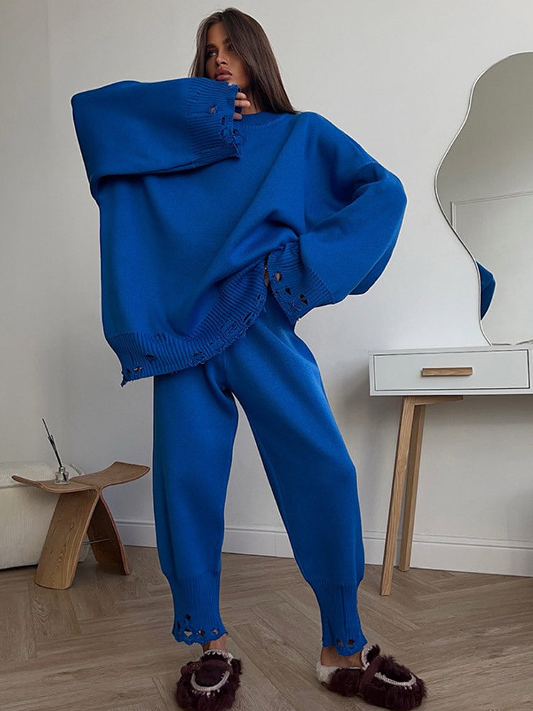 Women's Oversized Knit Set made of Fine Knit with Destroyed Hem, Wide Sweater and Casual Slip-On Pants Mune Fashion