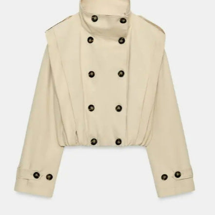 Women's Cropped Trench Coat with Double-Breasted Button Placket, High Stand-Up Collar and Tailored Elastic Waistband Mune Fashion