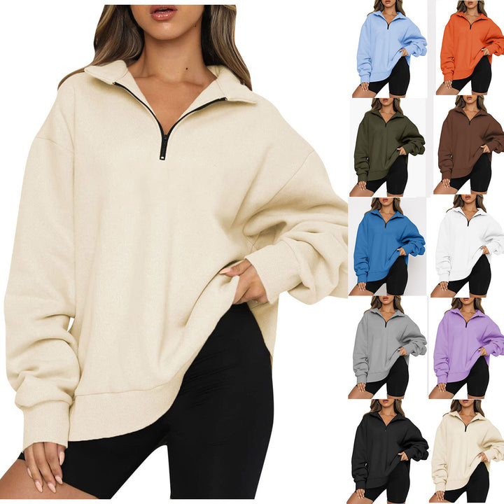 Women's oversized sweatshirt with half zipper, stand-up collar and dropped shoulder Mune Fashion