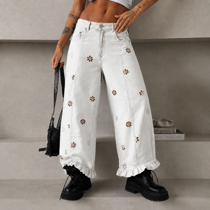 Women's wide denim pants with daisy print, high waist and ruffled hem Mune Fashion