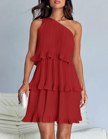 Women's Sleeveless Pleated Tiered Dress with Asymmetrical Shoulder Mune Fashion