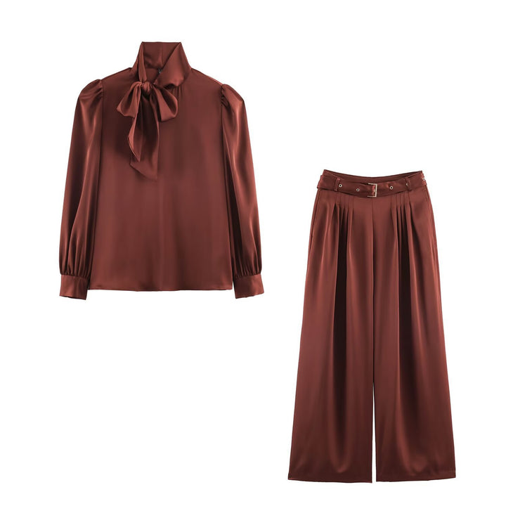 Ladies Two-Piece Satin Set with Bow Blouse and Pleated Culotte Mune Fashion