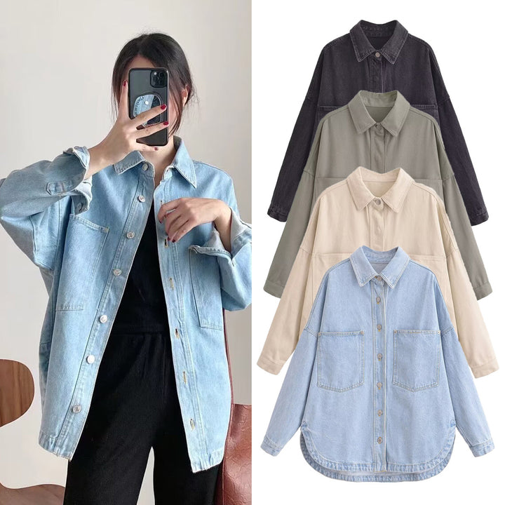 Women Oversized Jeans Shirt Jacket with Patch Pockets and Rounded Hem Mune Fashion