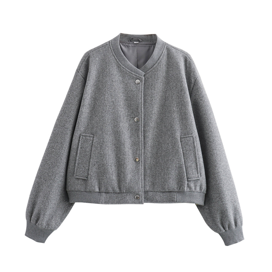 Women's boxy college bomber jacket made of a wool blend with quilted lining, snap buttons, and ribbed hem Mune Fashion