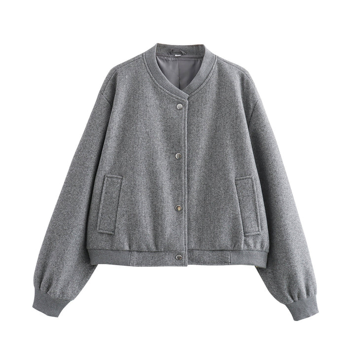 Women's boxy college bomber jacket made of a wool blend with quilted lining, snap buttons, and ribbed hem Mune Fashion