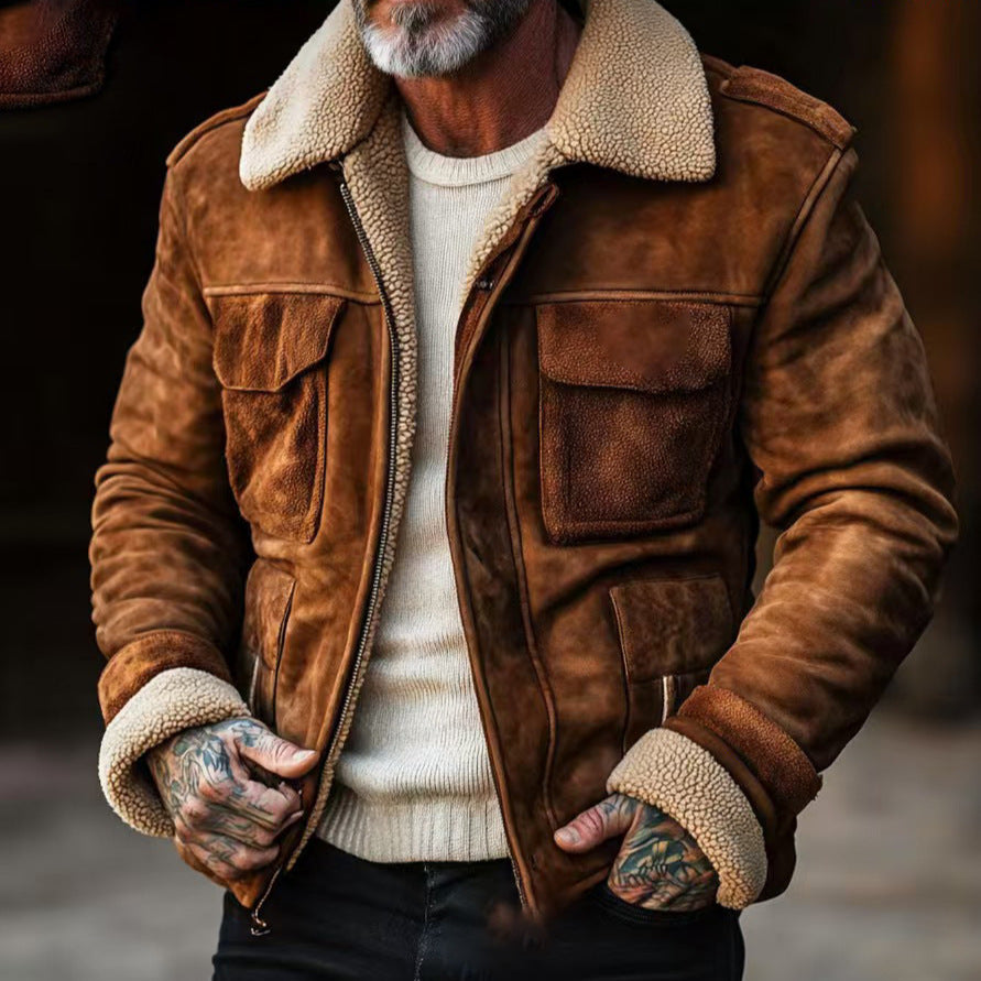 Men's flight jacket made of suede leather with teddy lining and patch pockets Mune Fashion