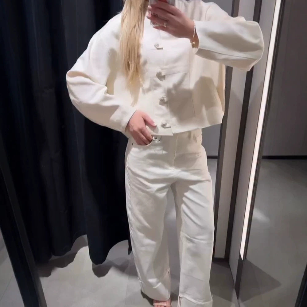Women's Short Boxy Jacket with Mandarin Collar and Decorative Knot Button Placket Mune Fashion