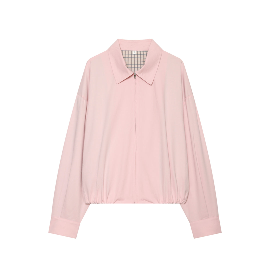 Women's Cropped Bomber Jacket with Shirt Collar, Elastic Hem and Checked Lining Mune Fashion