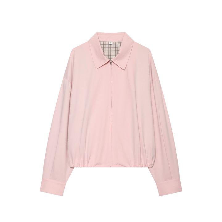 Women's Cropped Bomber Jacket with Shirt Collar, Elastic Hem and Checked Lining Mune Fashion