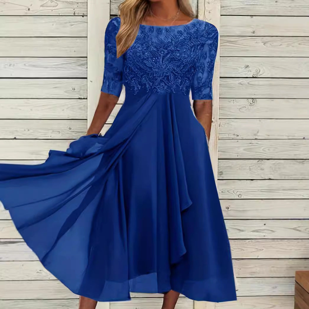 Ladies' elegant cocktail dress with embroidered corset, boat neckline and flowing chiffon skirt Mune Fashion