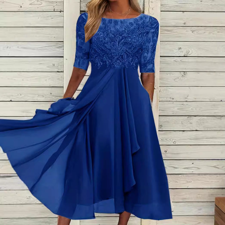 Women's elegant chiffon midi dress with embroidered lace top and three-quarter sleeves Mune Fashion