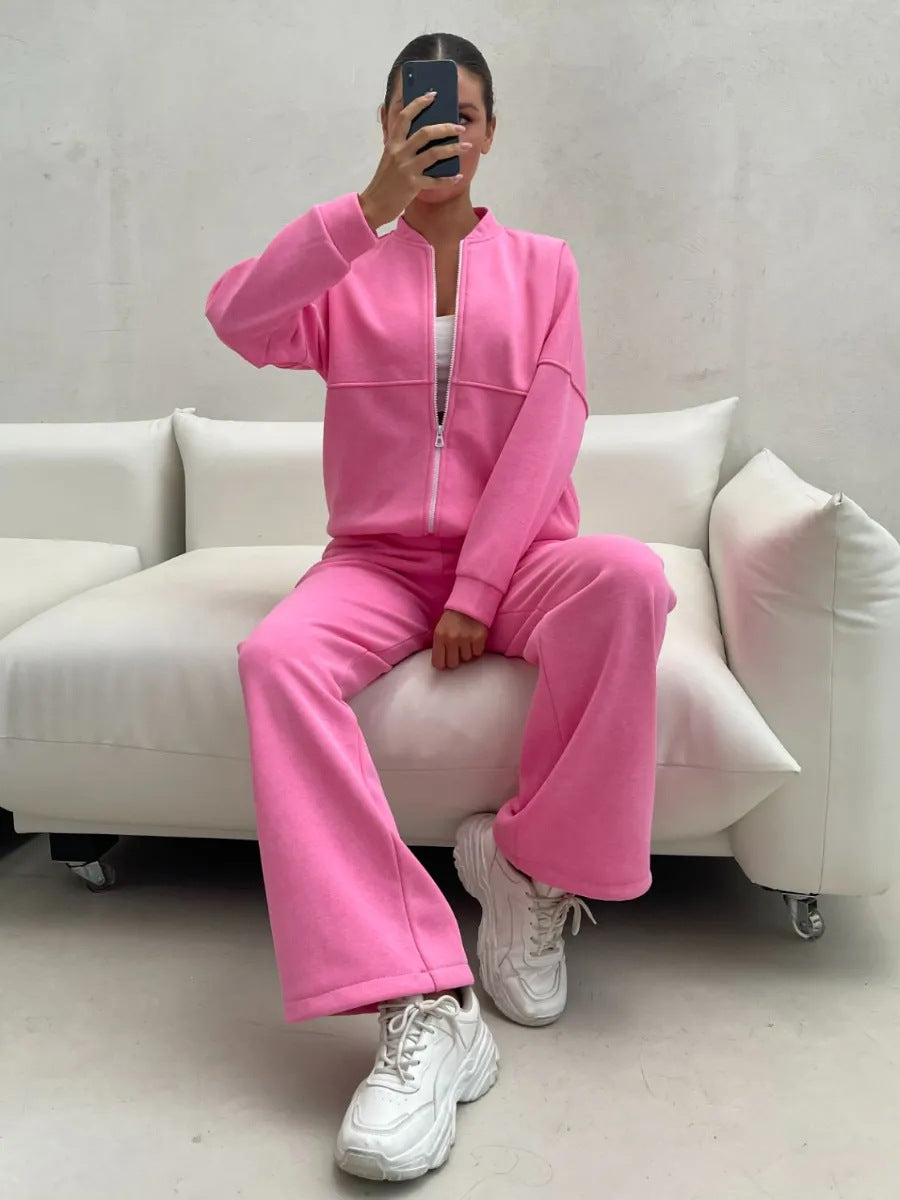 Women's Casual Zip Lounge Set with Stand Collar and Wide High Waist Jog Pants Mune Fashion