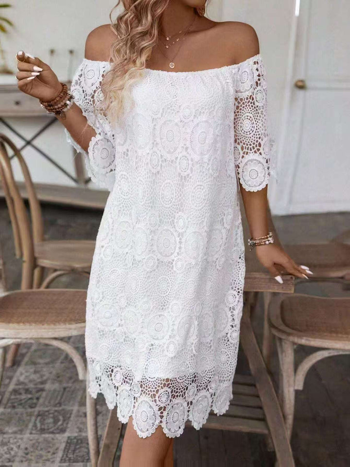 Women's off-shoulder crochet midi dress with sweetheart neckline and floral lace trim Mune Fashion