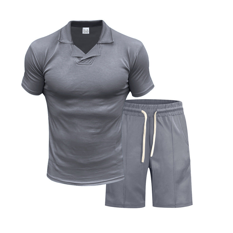 Men's short-sleeved polo lounge set with V-insert at the collar and drawstring bermuda Mune Fashion