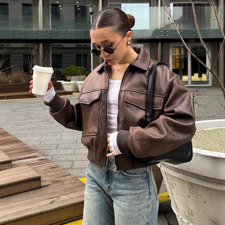 Women Cropped Bomber Jacket in Vintage Leather Look with Large Flap Pockets Mune Fashion