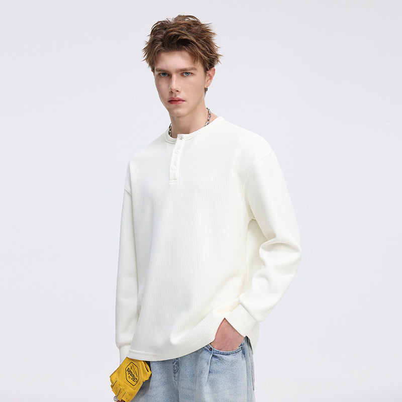 Men's waffle structure Henley thermal shirt with button placket and relaxed fit Drune