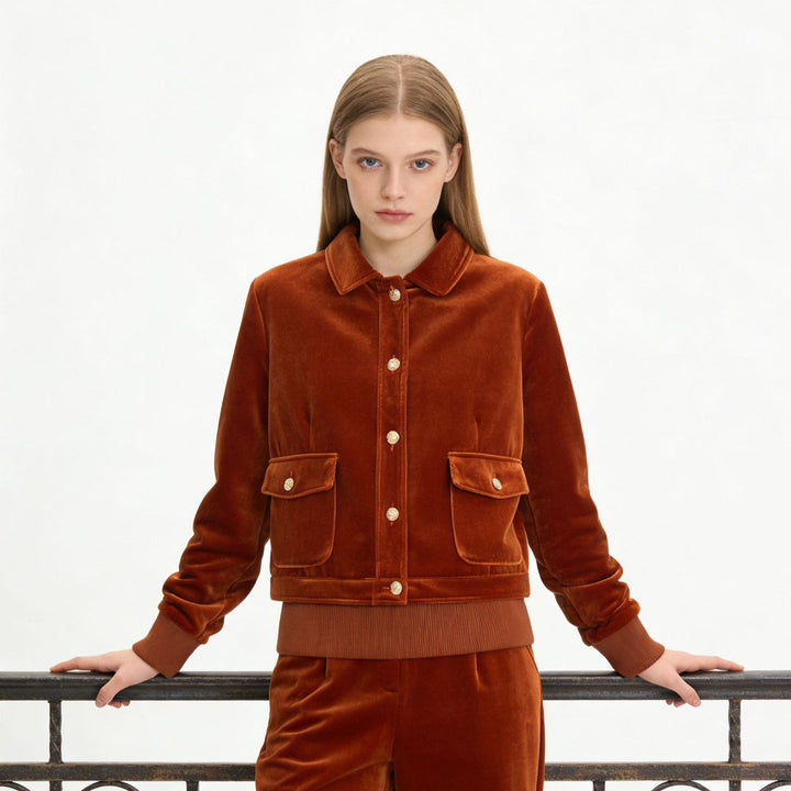 Women's velvet jacket in boxy-short cut with decorative button placket Mune Fashion
