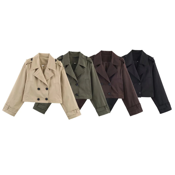 Women's cropped trench coat with double-breasted button placket, shoulder epaulettes, and adjustable cuffs Mune Fashion