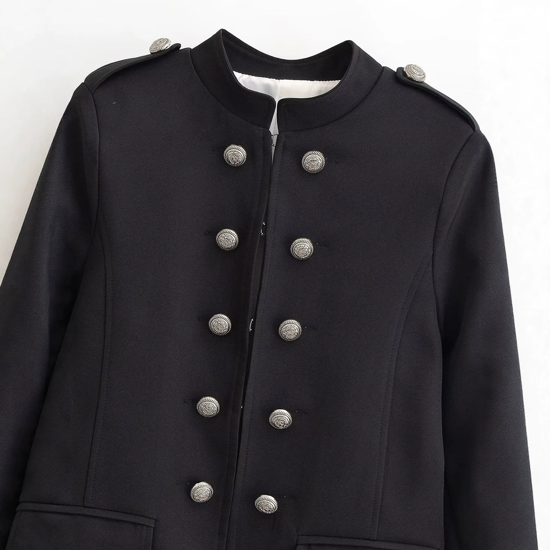 Women's Short Stand Collar Blazer with Double Decorative Button Placket and Epaulettes Mune Fashion