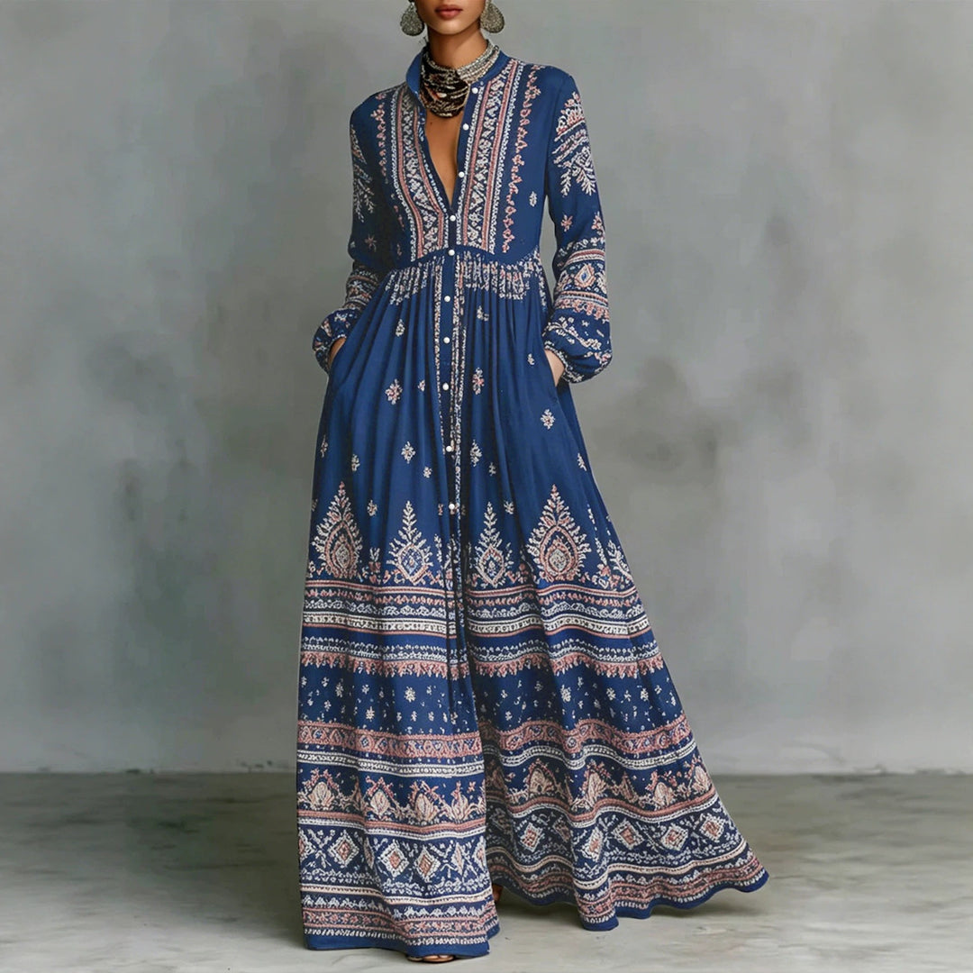 Women’s Boho Maxi Shirt Dress with Embroidered Borders, High Stand Collar and Pockets