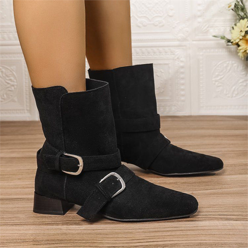 Damen Biker-inspirierte Mid-Boots aus Velourslederoptik mit spitzer Kappe und verstellbaren Gürtelschnallen Mune Fashion