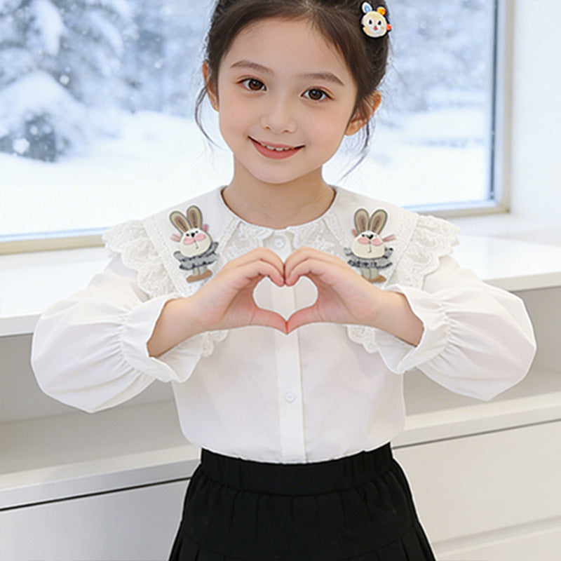 Girls ruffle blouse with playful bunny motif and lace collar Mune Fashion