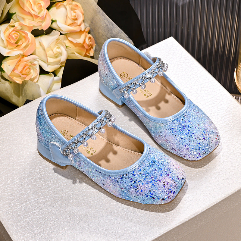 Girls Glittering Mary Jane Ballet Flats with Pearls and Bow Decor Mune Fashion