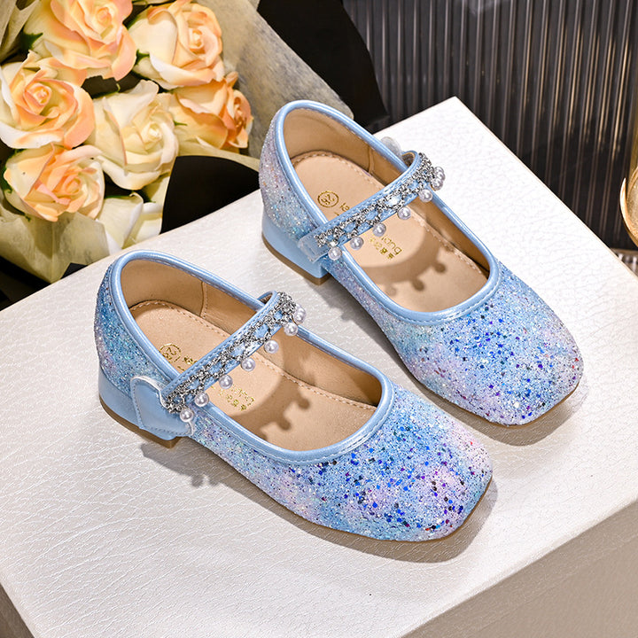 Girls Glittering Mary Jane Ballet Flats with Pearls and Bow Decor Mune Fashion