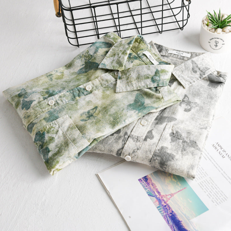 Men's Lightweight Linen Blend Shirt with Watercolor Butterfly Print and Chest Pocket Mune Fashion