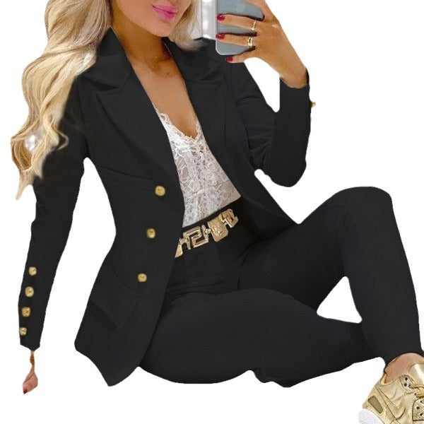 Women's fitted double-breasted blazer set with gold button detail and high-waisted slim pants Mune Fashion