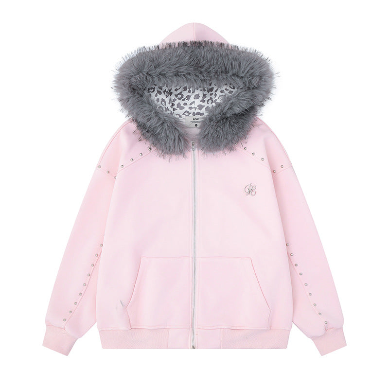 Women's hooded sweat jacket with faux fur trim, leopard lining and decorative studs Mune Fashion