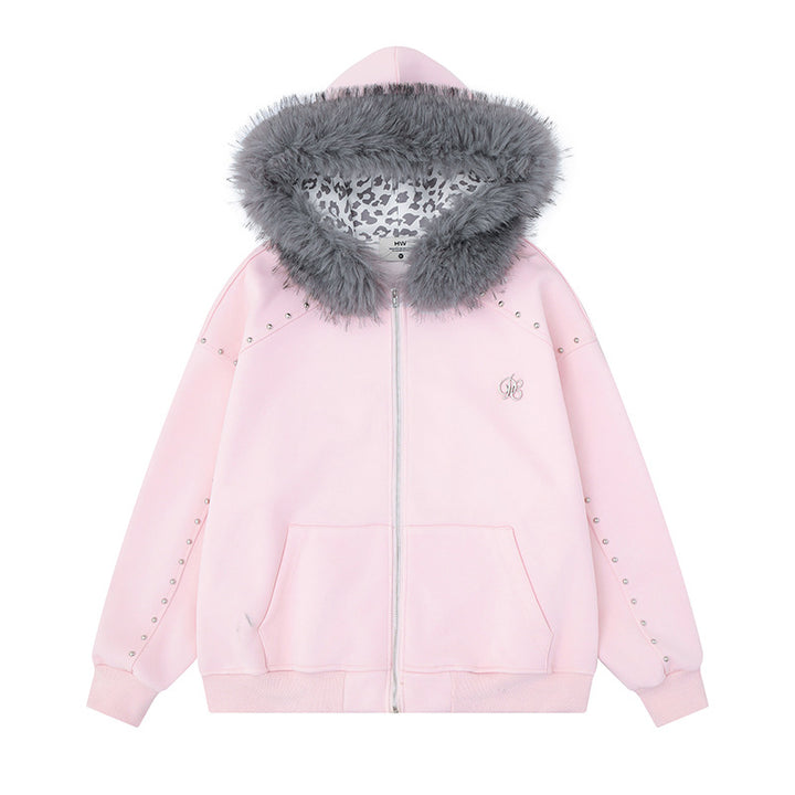 Women's hooded sweat jacket with faux fur trim, leopard lining and decorative studs Mune Fashion