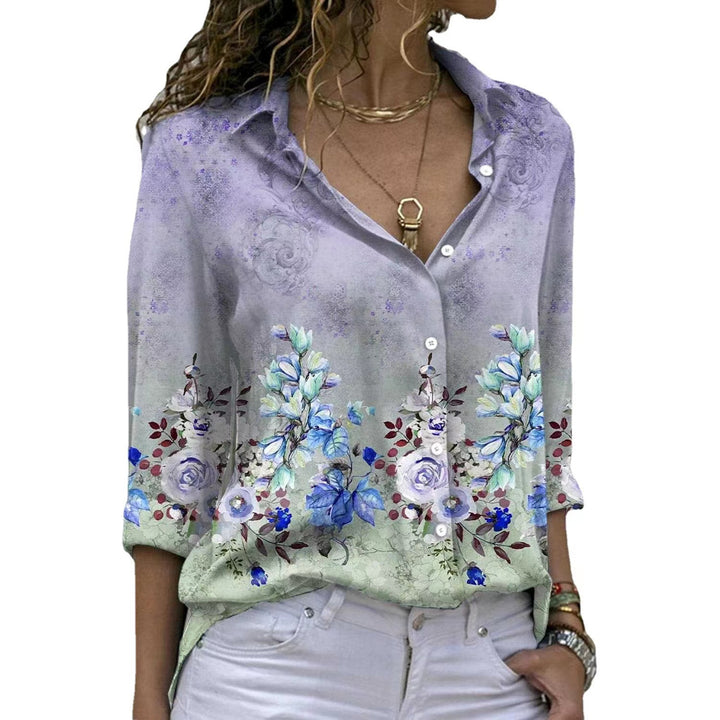 Women’s floral V-neck button blouse with loose fit and rolled sleeves Mune Fashion
