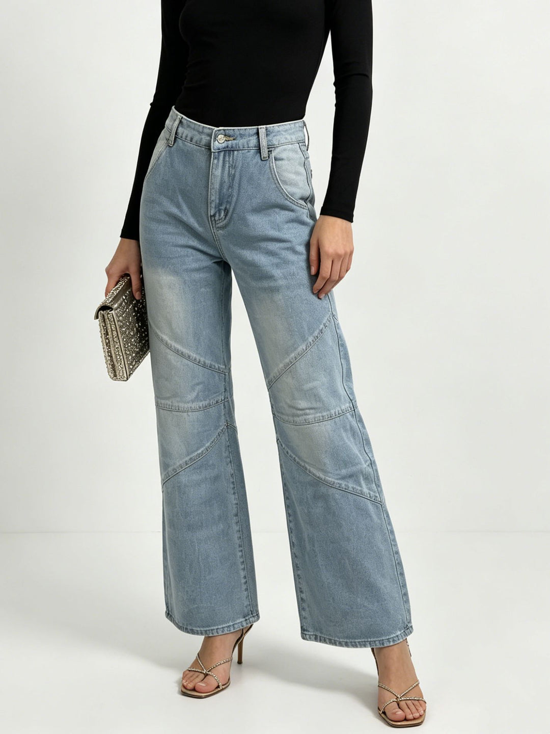 Women's wide jeans with high waist, curved decorative seams and wide leg Mune Fashion