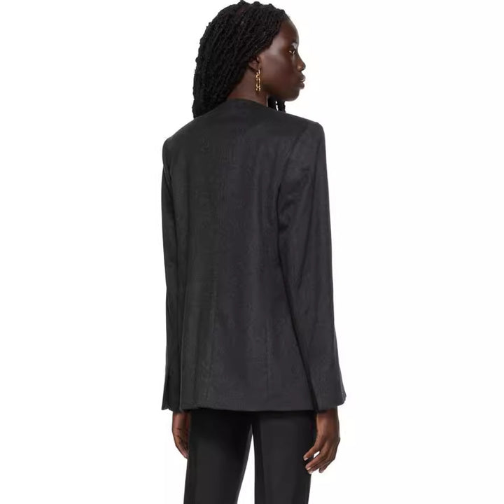 Women Collarless Long Blazer with Open Fall and Cape Effect Mune Fashion