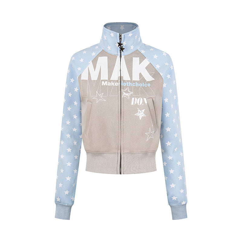 Women's cropped zip-up sweatshirt with stand-up collar, star print, and raglan sleeves Mune Fashion