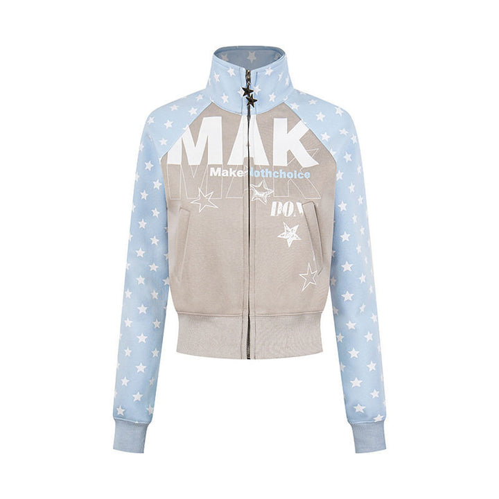 Women's cropped zip-up sweatshirt with stand-up collar, star print, and raglan sleeves Mune Fashion