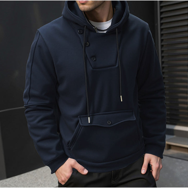 Men's Oversized Cotton Fleece Hoodie with Asymmetric Button Placket and Patch Kangaroo Pocket Mune Fashion