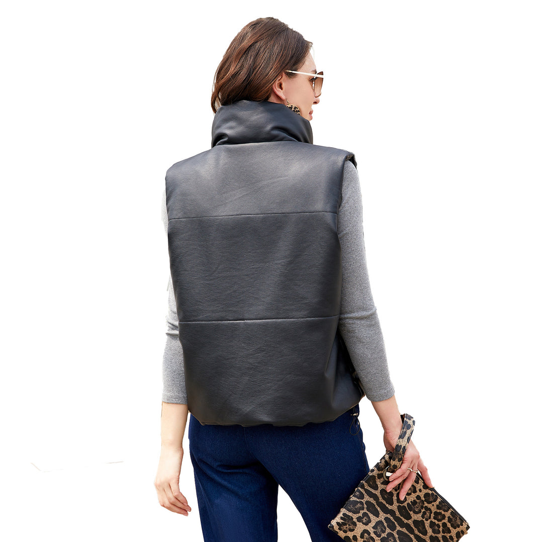 Women's quilted faux leather vest with high standing collar and concealed snap button placket Mune Fashion