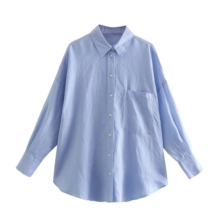 Women's Oversized Shirt Blouse made of Linen Blend with Dropped Shoulder and Chest Pocket Mune Fashion