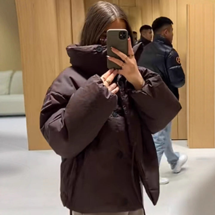 Women Short Padded Oversized Puffer Jacket with Hood and Tie Belt Mune Fashion