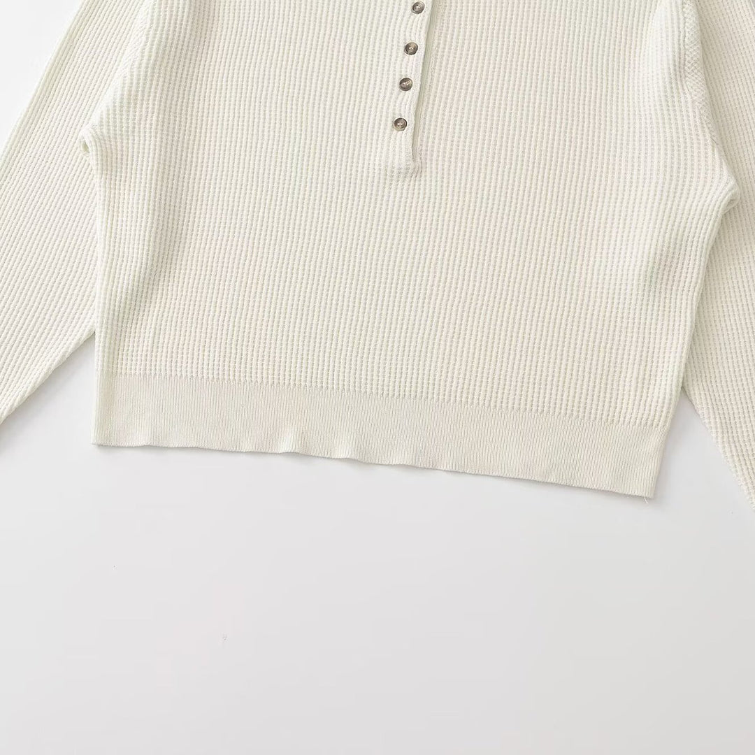 Women Thick Knit Waffle Knit Sweater with Henley Placket Mune Fashion