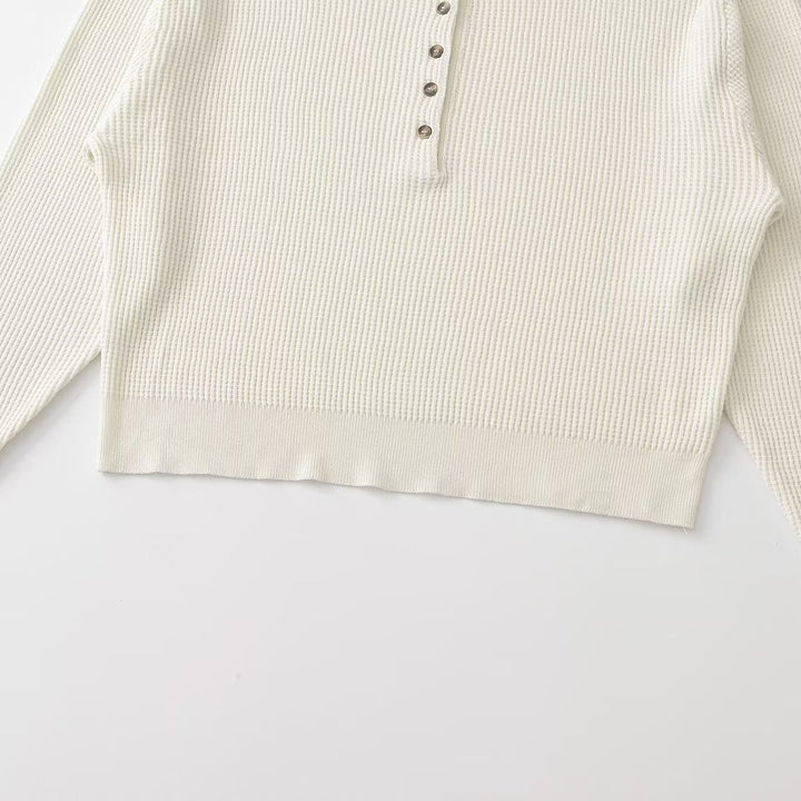 Women Thick Knit Waffle Knit Sweater with Henley Placket Mune Fashion