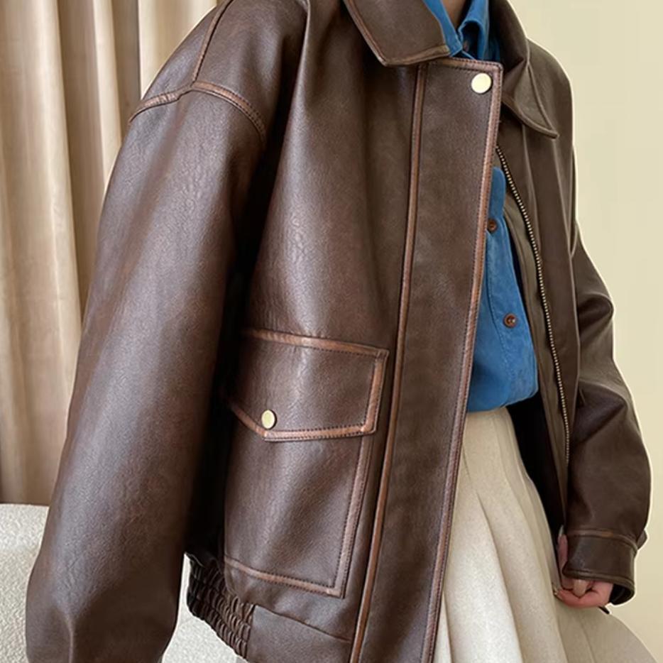 Women's Oversized Faux Leather Blouson with Shirt Collar, Flap Pockets and Concealed Zipper Placket Mune Fashion