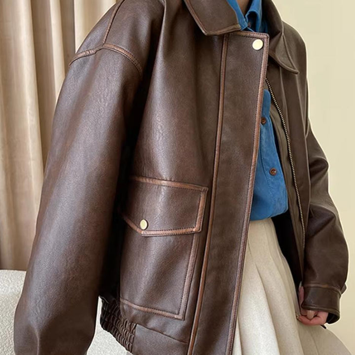 Women's Oversized Faux Leather Blouson with Shirt Collar, Flap Pockets and Concealed Zipper Placket Mune Fashion