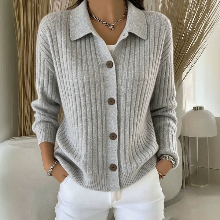 Women's Fine Ribbed Button Cardigan with Shirt Collar and Boxy Silhouette Mune Fashion