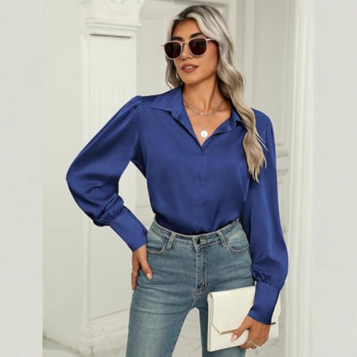 Women's silk look blouse with shirt collar, concealed button placket and long cuffs Drune